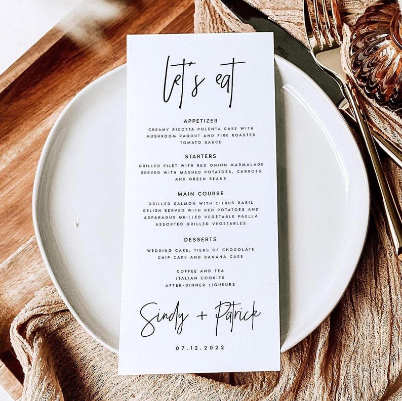 PRINTED Modern Wedding Menu, Minimalist Wedding Dinner Menu, Reception ...