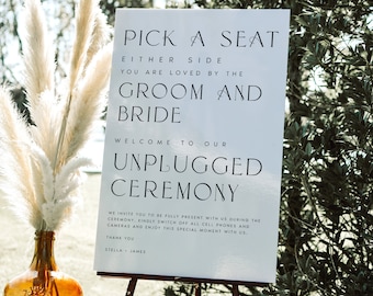 Elegant Pick a Seat Unplugged Wedding Ceremony Sign, No Pictures, No Photos Please, Wedding Welcome Sign Template, Editable, Templett, #STLA