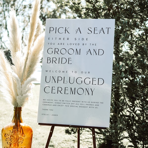 Elegant Pick a Seat Unplugged Wedding Ceremony Sign, No Pictures, No Photos Please, Wedding Welcome Sign Template, Editable, Templett, #STLA