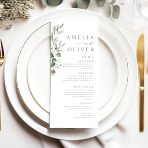 Drukowane zielone liście akwarelowe menu weselne, minimalistyczne drukowane karty menu na wesele, spersonalizowane menu weselne, karty menu kolacji, #008