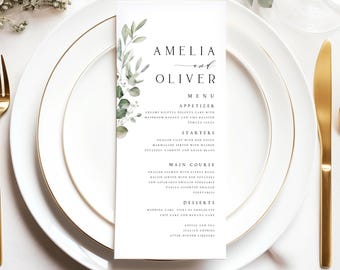 Menù di nozze con stampa di fogliame verde e acquerello, menù minimalista stampato per matrimonio, menù di nozze personalizzato, menù per cena, n. 008