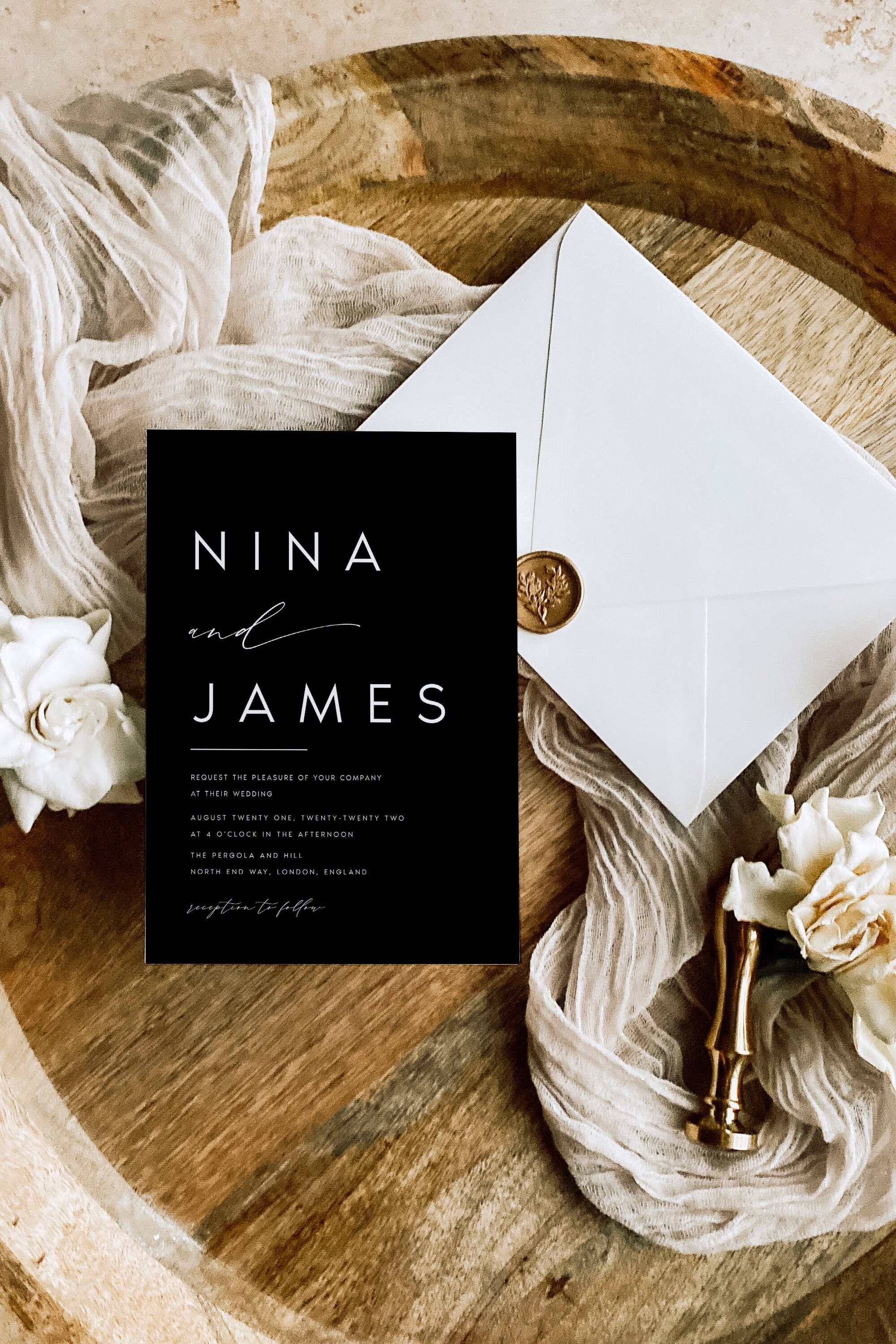 Black Wedding Invitation, Black & White Invitation, White Lettering on Black, Monochrome Wedding Invitation, Modern Editable Template, #NINA