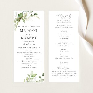 Mall för minimalistiskt bröllopsprogram, resplan för grönskande ceremoni, katolsk vigselordning, redigerbar och utskrivbar, Canva, MARGOT6