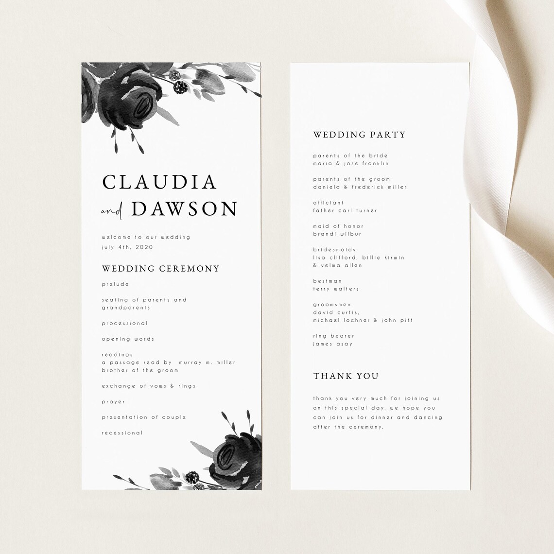 Black &amp; White Wedding Program Template Printable Wedding - Etsy