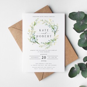Elegante invitación de boda floral, con sobres, diseño de acuarela personalizado, corona de flores silvestres azules, estilo rústico bohemio, minimalista, n.° 026