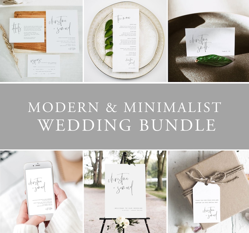 Invitation Set Instant Download Templett #CRSTN Modern Calligraphy Wedding Bundle Editable Template Minimalist Wedding Invitation Suite