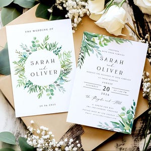 Conjunto de invitaciones de boda con vegetación, invitaciones de boda con acuarela, sobres kraft o blancos, papel mate texturizado, estilo rústico bohemio n.° 005
