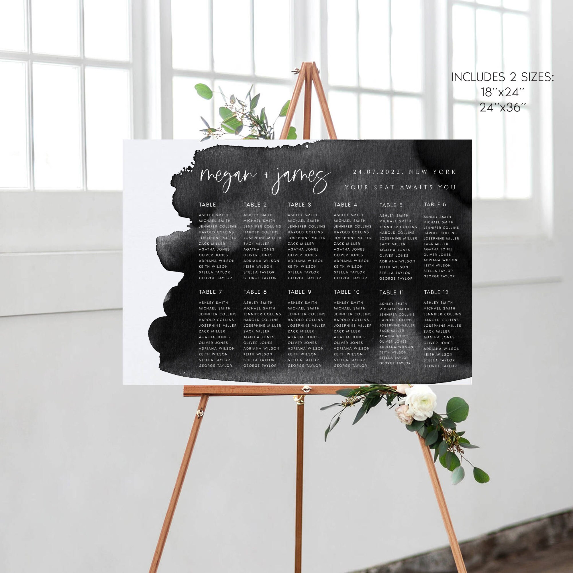 Personalised Watercolour Ultra Violet Wedding Seating Plan Chart Canvas Print 