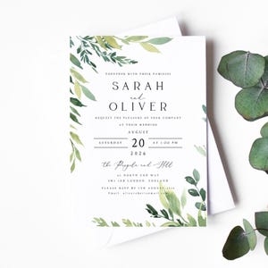 Eucalyptus huwelijksuitnodiging, groene bruiloft uitnodigingssuite, gedrukte huwelijksuitnodigingen met enveloppen, botanische huwelijksuitnodigingen, #004