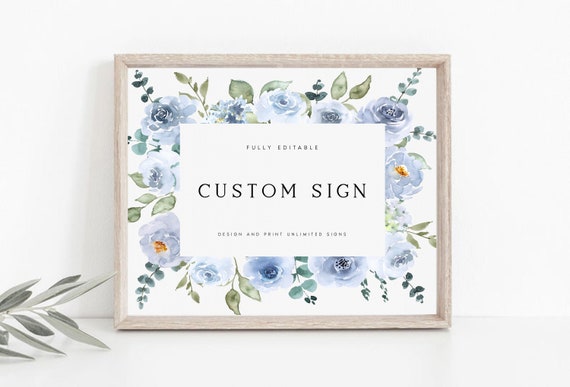 Dusty Blue Floral Wedding Sign Template, Elegant DIY (Digital Download) ELENA