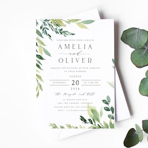 Invitaciones de boda con vegetación, invitaciones de boda con acuarela, sobres kraft o blancos, papel mate texturizado, estilo rústico bohemio n.° 012