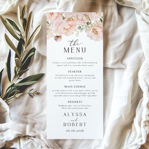 Personalised Floral Wedding Menu Card, Printed Elegant Dinner Menus, Minimalist Pink Peonies Wedding Dinner Menu Cards - ALYSSA