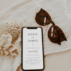 May include: A white smartphone mockup with a wedding invitation on the screen. The invitation is for Jessie and James's engagement party on October 25, 2025, at 4:00 PM at The Pergola and Hill in North End Way, London, England. RSVP to Angela by June 26th at 210-456-766.