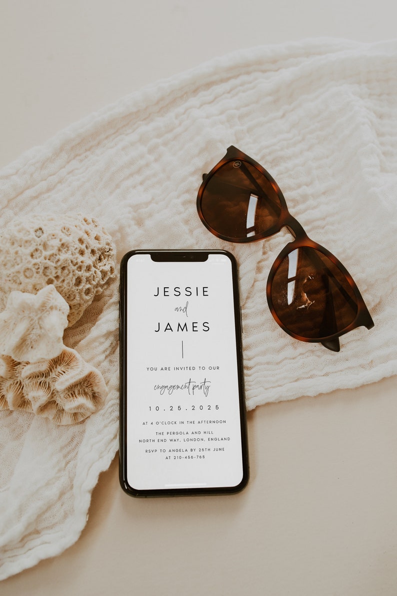 May include: A white smartphone mockup with a wedding invitation on the screen. The invitation is for Jessie and James's engagement party on October 25, 2025, at 4:00 PM at The Pergola and Hill in North End Way, London, England. RSVP to Angela by June 26th at 210-456-766.