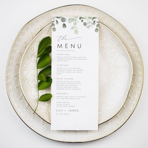 Eukalyptus-Hochzeits-Menüvorlage, Greenery Script Hochzeit Abendessen Menü, bedruckbar SOFORTIGER Download, Empfang Abendessen Menü bearbeitbar DIY, #LILY
