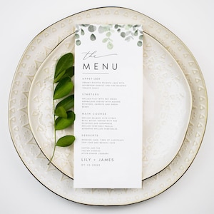 Plantilla de menú de boda de eucalipto, menú de cena de boda con guión verde, descarga instantánea imprimible, menú de cena de recepción editable DIY, #LILY