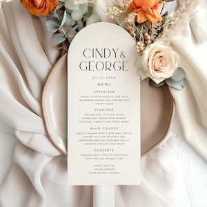 Karty menu weselnego w kształcie łuku, menu obiadowe w kształcie łuku, menu drukowane, matowy papier teksturowany, menu z czarnym tuszem, nowoczesne menu, minimalistyczne #CNDY