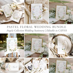 May include: A collection of pastel floral wedding stationery, including invitations, guest book signs, and menu cards. The designs feature delicate floral wreaths and the names "Angela & James." The text "PASTEL FLORAL WEDDING BUNDLE" is also visible.