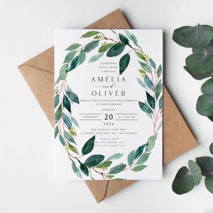 Invitaciones de boda con vegetación, invitaciones de boda con acuarela, sobres kraft o blancos, papel mate texturizado, estilo rústico bohemio n.° 020