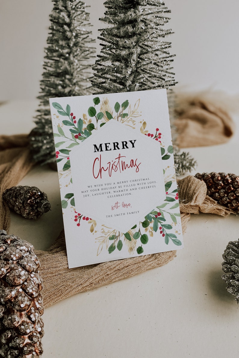 Merry Christmas Greeting Card Template, Christmas Card Printable, Instant Download, Edit with TEMPLETT, Editable Xmas Cards, DIY, SMITH image 1