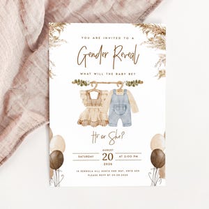 Plantilla editable de invitación para baby shower con temática bohemia de revelación de género, con temática de oso, para niña y niño, en tonos neutros marrón y azul, n.° 1002