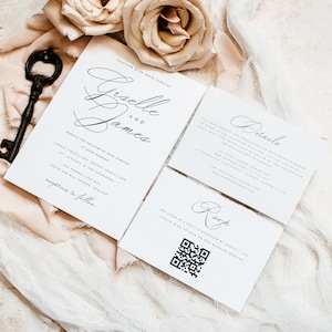 May include: White wedding invitation suite with black calligraphy text. The main invitation card reads "Together with their families, Giselle and James". The second card reads "Details" and the third card reads "RSVP".