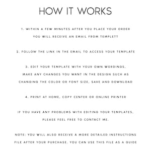May include: A monochrome graphic detailing the process of using a template. The text, in black, explains the steps: receiving an email, accessing the template, editing, and printing. Contact information is also provided for assistance.