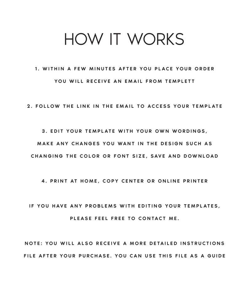 May include: A monochrome graphic detailing the process of using a template. The text, in black, explains the steps: receiving an email, accessing the template, editing, and printing. Contact information is also provided for assistance.