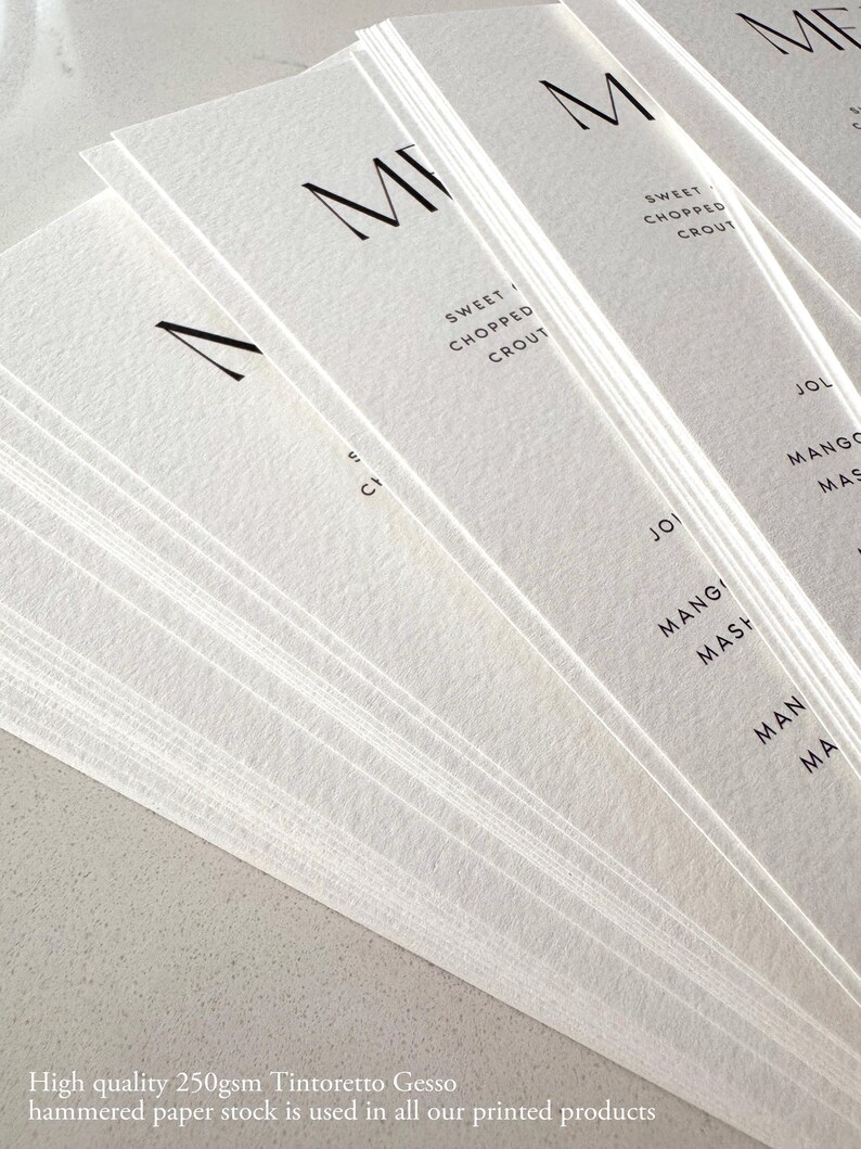 Wedding Menu Cards Printed, Modern and Minimalist Professionally Printed Event Wedding Dinner Menu, 300gsm Hammered Cardstock, #ANYA image 6