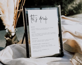 Modern Wedding Bar Menu Sign Template, Minimalist Wedding Drinks Sign, Wedding Decor, Wedding Stationery, Templett (Instant Download) CRTNY