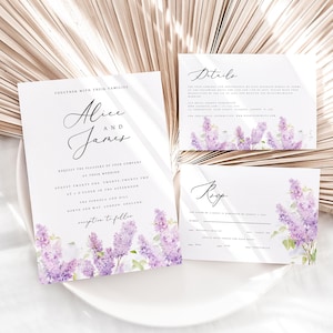 Conjunto de invitación de boda con flores moradas, invitación de boda lila, detalles de boda con flores lavanda, tarjeta RSVP, paquete de boda con flores moradas, #ALCL