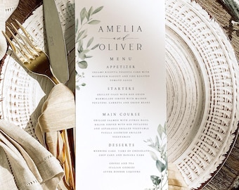 Menù di nozze con stampa di fogliame verde e acquerello, menù minimalista stampato per matrimonio, menù di nozze personalizzato, menù per cena, n. 008