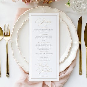 Klassisches Hochzeitsmenü, schickes Menü, Menükarten für die Hochzeit in Gold, Hochzeitsmenü der traditionellen Schrift, minimalistisches Hochzeitsmenü der Kalligraphie, #KNDC