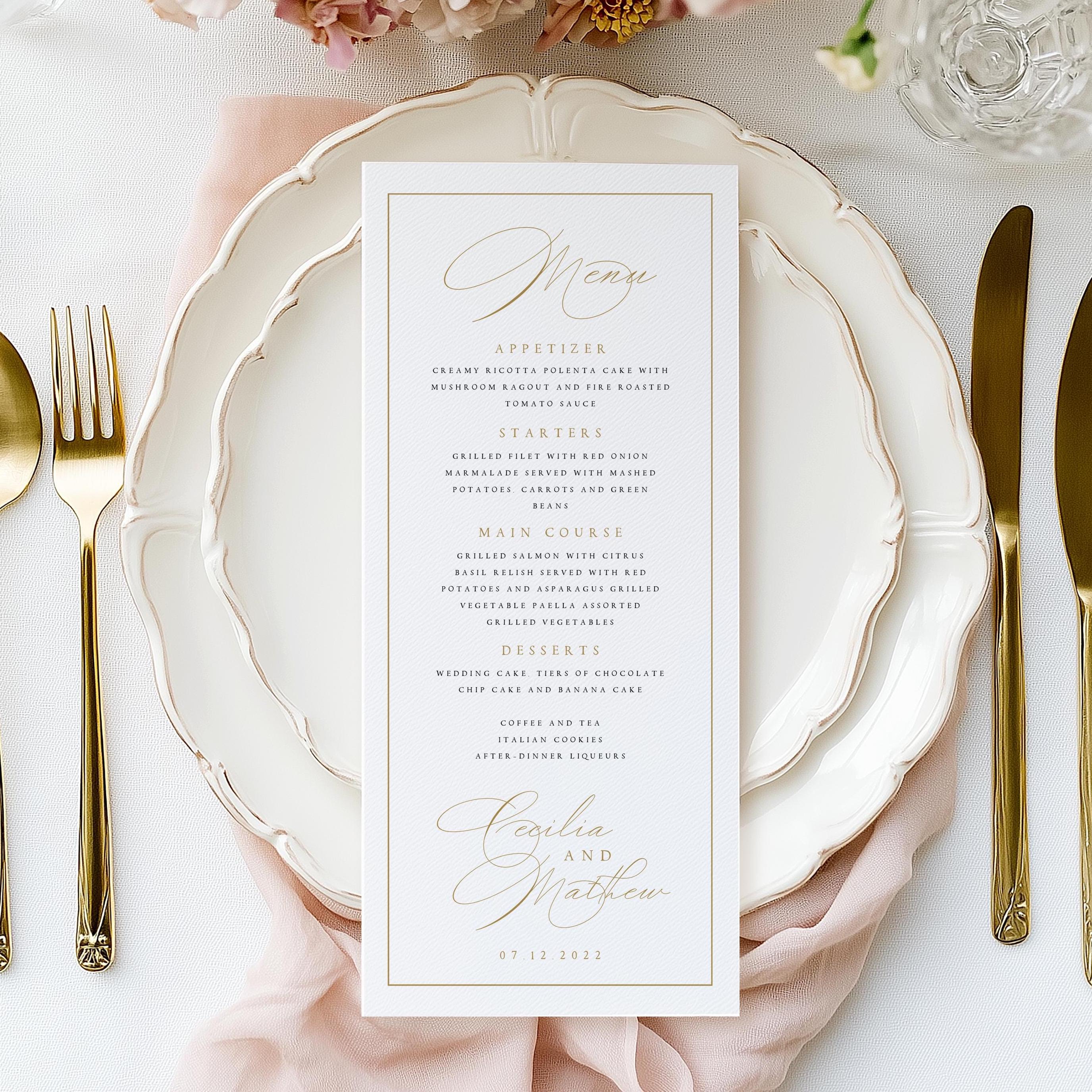 Classic Wedding Menu, Chic Menu, Faux Gold Wedding Menu Cards, Traditional Script Wedding Menu, Calligraphy Minimalist Wedding Menu, #CNDC