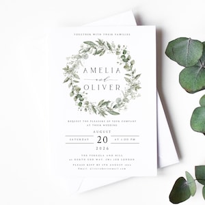 Invitaciones de boda rústicas con vegetación, elegantes, rústicas, con follaje de eucalipto, n.° 025