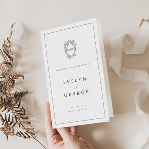 Elegante Crest Hochzeitsprogramm Vorlage, Faltbares Monogramm Hochzeitsprogramm, Minimalistisches Hochzeitsprogramm, Gefaltetes Programm Instant, Templett #EVE