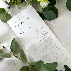 GEDRUCKT + VERSAND: Modernes Hochzeitsprogramm, minimalistische Ordnung des Service, Festprogramm-Karte, Bestseller, hochwertiges Strukturpapier, #KATE
