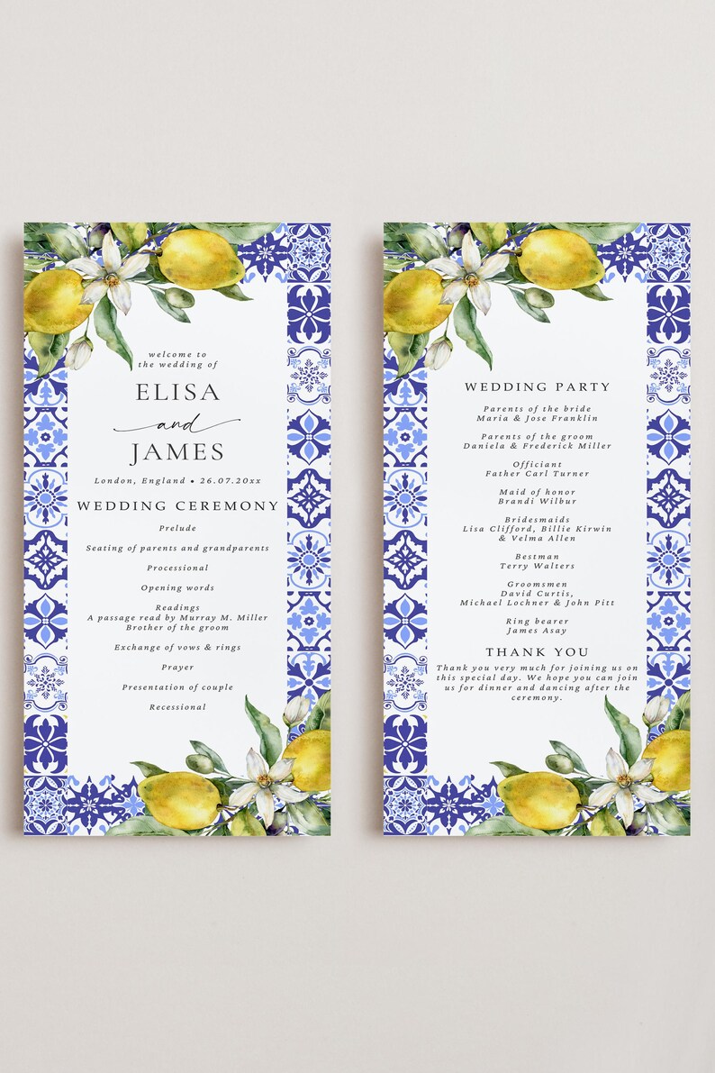 Amalfi Coast Wedding Program Template: Lemon, Blue Tile (CANVA Digital ...
