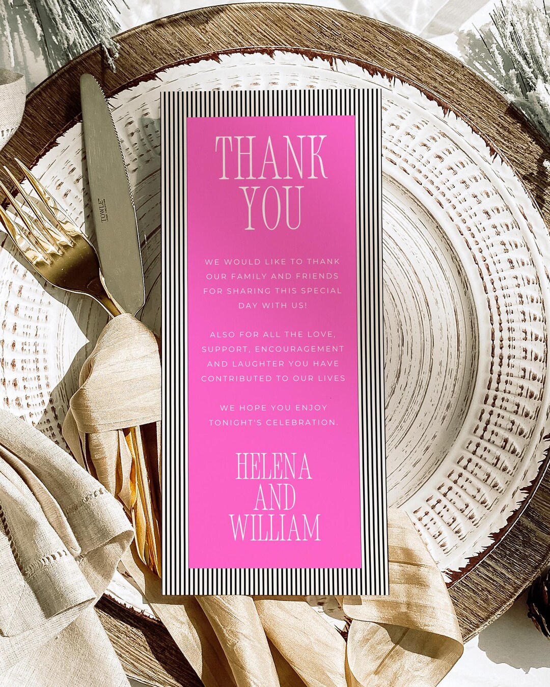 Modern Wedding Thank You Table Card Template: Vibrant Pink & Black ...