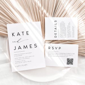 Modèle d'ensemble d'invitations de mariage moderne, minimaliste, modèle 100 % modifiable, téléchargement instantané, invitation, RSVP, carte de détails, Templett, #KATE