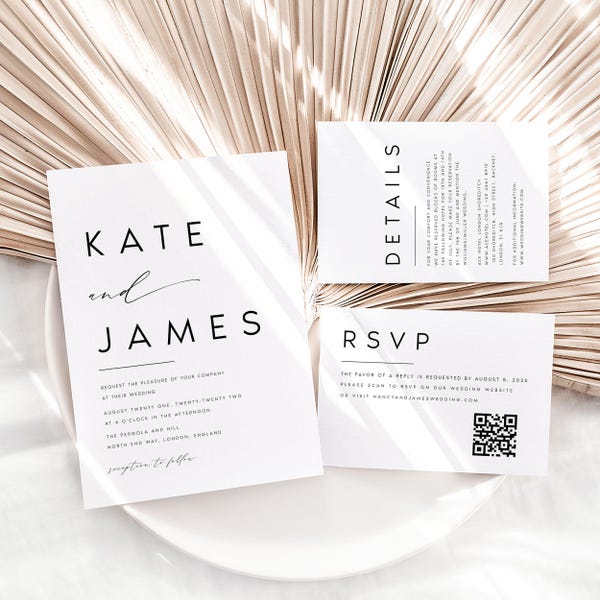 Modern Minimalist Wedding Invitation Set, Editable Template (Digital Download) KATE