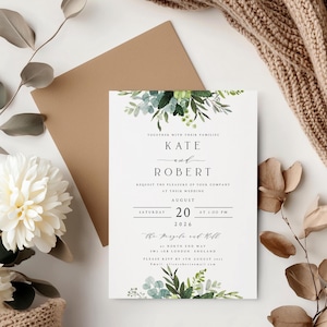 Invitaciones de boda con vegetación, invitaciones de boda con acuarela, sobres kraft o blancos, papel mate texturizado, estilo rústico bohemio n.° 010
