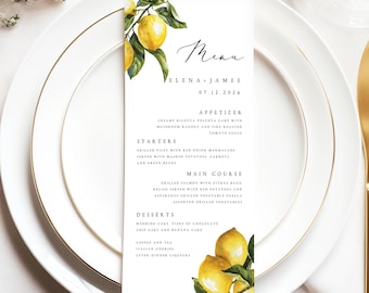 Puede incluir: Una tarjeta de menú de boda con una ilustración de limones y hojas. El menú incluye los nombres Elena y James, y la fecha 07.12.2026. El menú está sobre un plato blanco con borde dorado.