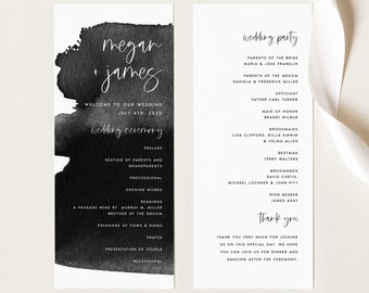 Black Wedding Program Template, Watercolor, Brush Effect Programs, Fully Editable, Instant Download, Try Before You Buy, Templett, #MGAN