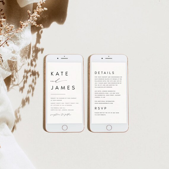 Minimalist Electronic Wedding Invitation, Wedding Digital, Modern Online Invitations, Details, Wedding Evite, Smartphone Invitation, #KATE