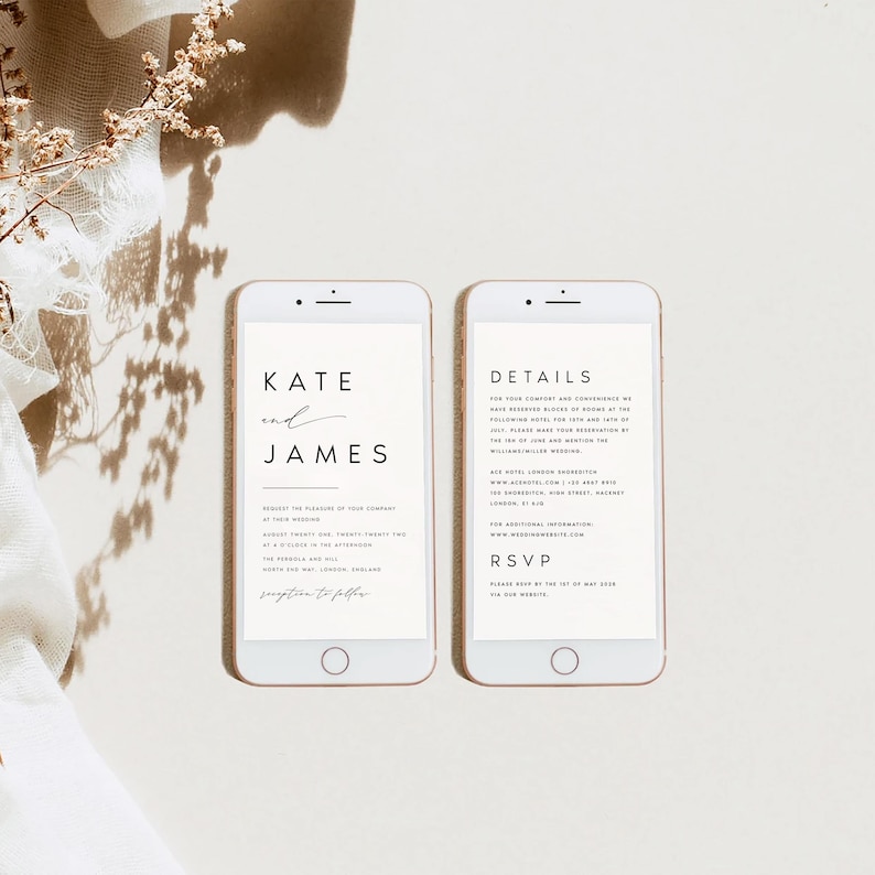 May include: A minimalist wedding invitation on a smartphone screen. The invitation is for Kate and James, and the wedding will be held on August twenty-first, twenty-twenty-two at four o'clock in the afternoon. The wedding will take place at The Portico and Hall, North End Way, London, England. The invitation also includes details about the wedding, such as the hotel and website for RSVP.