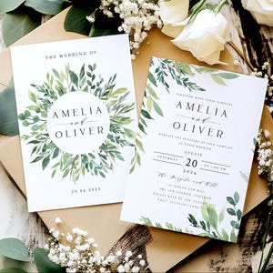 Invitaciones de boda con vegetación, invitaciones de boda con acuarela, sobres kraft o blancos, papel mate texturizado, estilo rústico bohemio n.° 012