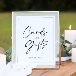 Minimale kaarten en geschenken bord bruiloft, moderne geschenken tafelbord, bord vrijgezellenfeest cadeau, elegante receptie bewegwijzering DIY Templett-sjabloon #MGN