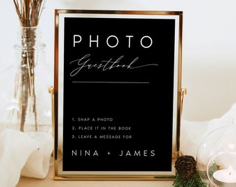 Black Photo Guestbook Sign Template, Modern, Script, Minimalist Editable Tabletop Sign, Printable, Instant Download, DIY, Templett, #NINA