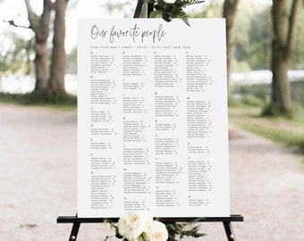 Puede incluir: Un cartel de boda blanco en un caballete con el texto "Nuestra gente favorita" y "Encuentra tu asiento | Angie + Kevin | 24.07.2022 | Nueva York". El cartel enumera los nombres de los invitados en orden alfabético por apellido.